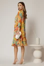 Rochie midi eleganta din voalcu imprimeuri oranj, croi lejer si volanase la baza, 2, dyfashion.ro