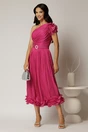 Rochie midi fucsia coniac din voal peliculizat cu volanase pe fusta, 3, dyfashion.ro