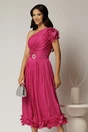 Rochie midi fucsia coniac din voal peliculizat cu volanase pe fusta, 1, dyfashion.ro