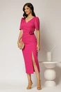 Rochie midi fucsia conica cu decolteu V si floare in talie, 3, dyfashion.ro