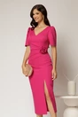 Rochie midi fucsia conica cu decolteu V si floare in talie, 1, dyfashion.ro