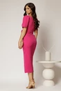 Rochie midi fucsia conica cu decolteu V si floare in talie, 2, dyfashion.ro