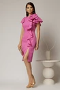 Rochie midi fucsia conica cu volanase si floare ampla pe umar, 3, dyfashion.ro