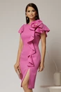 Rochie midi fucsia conica cu volanase si floare ampla pe umar, 1, dyfashion.ro