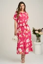 Rochie midi fucsia cu flori albe din viscoza in clini cu nasturi si cordon in talie, 1, dyfashion.ro