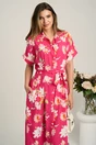 Rochie midi fucsia cu flori albe din viscoza in clini cu nasturi si cordon in talie, 4, dyfashion.ro
