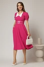 Rochie midi fucsia cu guler alb in contrast si cordon cu insertii, 3, dyfashion.ro