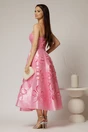 Rochie midi fucsia de ocazie cu decupaje florale si perle, 2, dyfashion.ro