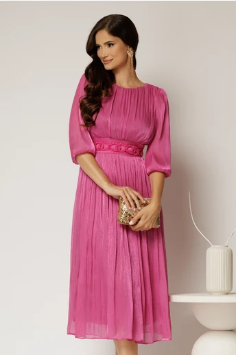 Rochie midi fucsia de ocazie din voal peliculizat cu cordon detasabil