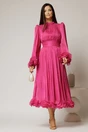 Rochie midi fucsia de ocazie din voal peliculizat cu maneci ample cu volanase, 3, dyfashion.ro