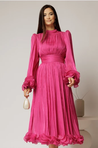 Rochie midi fucsia de ocazie din voal peliculizat cu maneci ample cu volanase