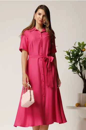 Rochie midi fucsia din bumbac in clos cu cordon in talie