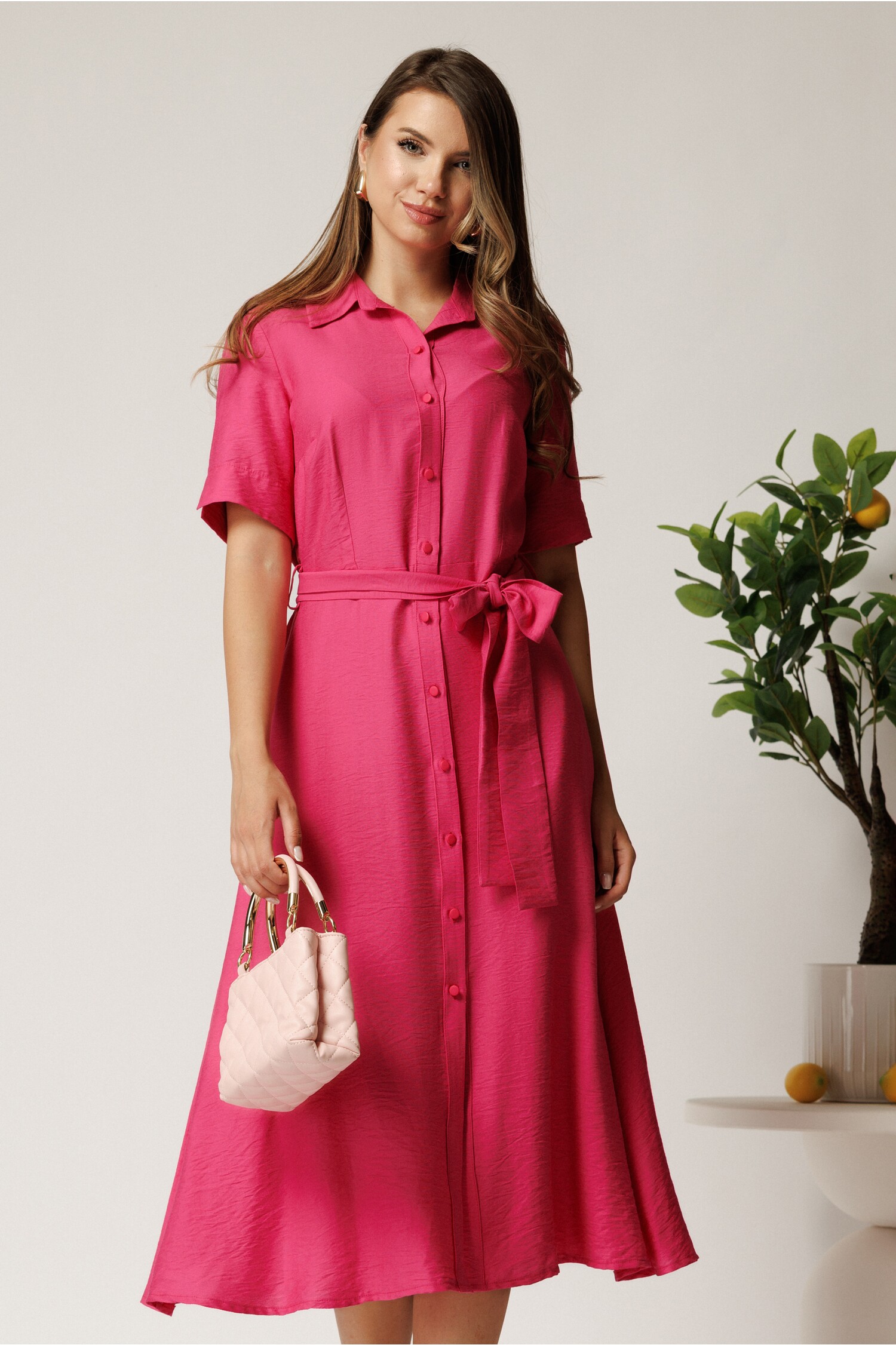 Rochie midi fucsia din bumbac in clos cu cordon in talie