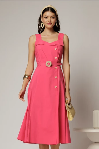 Rochie midi fucsia din poplin cu nasturi si curea in talie