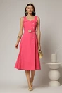 Rochie midi fucsia din poplin cu nasturi si curea in talie, 3, dyfashion.ro