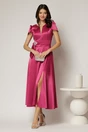Rochie midi fucsia din satin cu aplicatie in talie si decolteu adanc, 1, dyfashion.ro