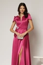 Rochie midi fucsia din satin cu aplicatie in talie si decolteu adanc, 3, dyfashion.ro