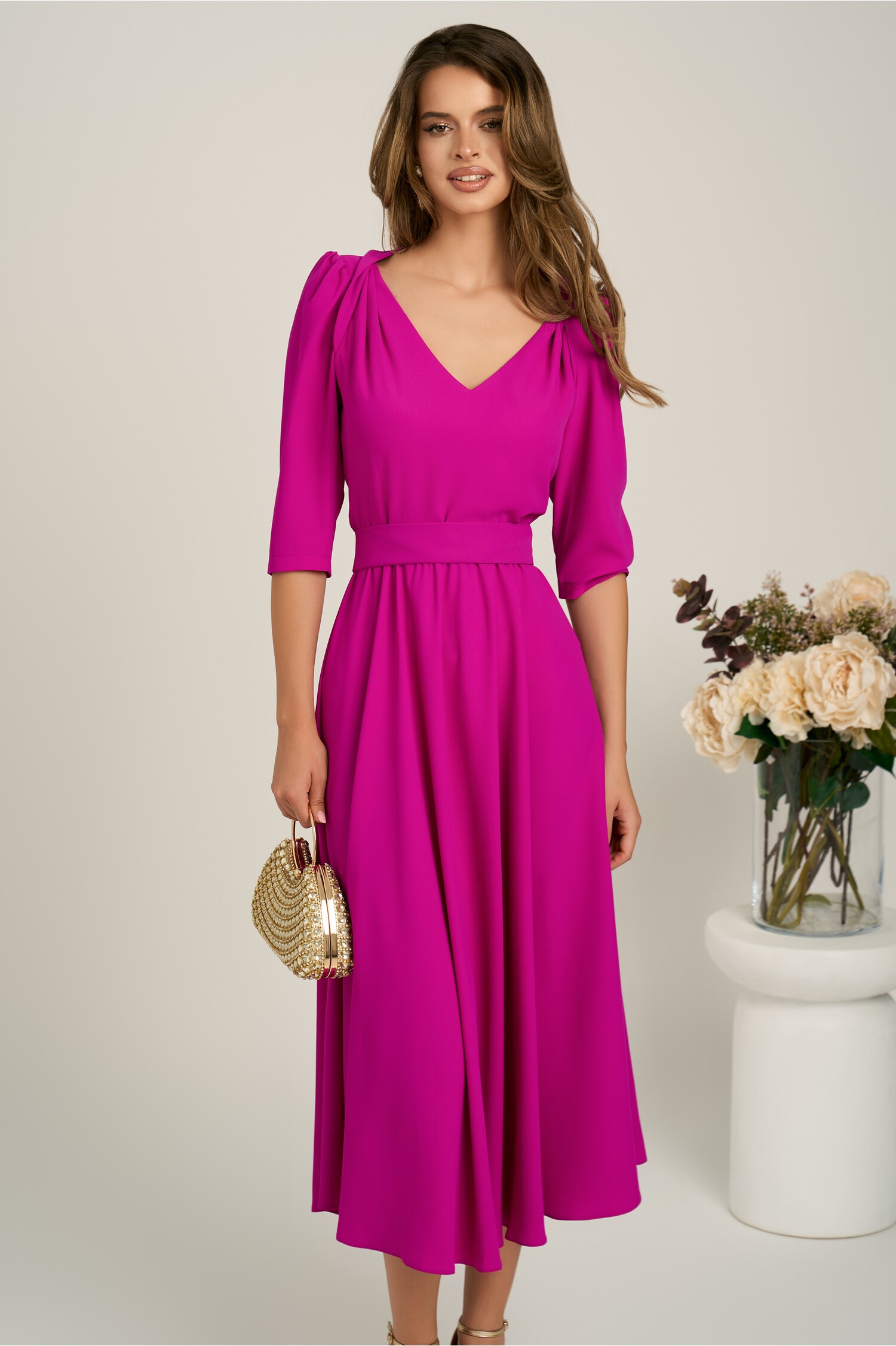Rochie midi fucsia din triplu voal in clos cu cordon in talie- LaDona