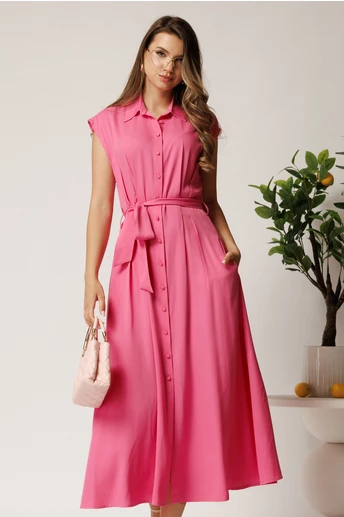 Rochie midi fucsia din viscoza cu nasturi si cordon