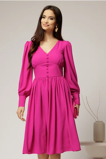 Rochie midi fucsia din voal plin cu nasturi pe bust