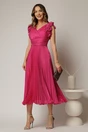 Rochie midi fucsia din voal plisat cu decolteu V si volanase la maneci, 3, dyfashion.ro