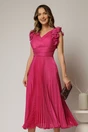 Rochie midi fucsia din voal plisat cu decolteu V si volanase la maneci, 1, dyfashion.ro