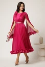 Rochie midi fucsia din voal satinat in clos cu floare la bust si curea din strasuri in talie, 2, dyfashion.ro