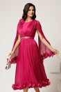 Rochie midi fucsia din voal satinat in clos cu floare la bust si curea din strasuri in talie, 1, dyfashion.ro