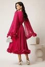 Rochie midi fucsia din voal satinat in clos cu floare la bust si curea din strasuri in talie, 3, dyfashion.ro
