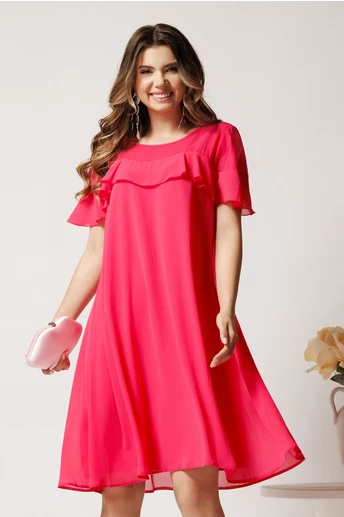 Rochie midi fucsia din voal tip A cu tull si glitter la bust