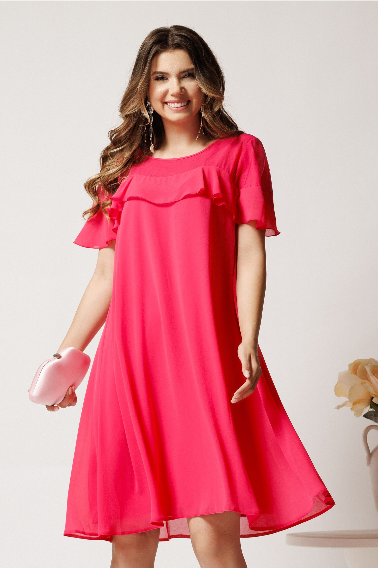 Rochie midi fucsia din voal tip A cu tull si glitter la bust