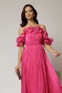 Rochie midi fucsia in clos din voal satinat cu volanase la bust si la baza, 3, dyfashion.ro