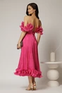 Rochie midi fucsia in clos din voal satinat cu volanase la bust si la baza, 2, dyfashion.ro