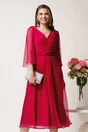 Rochie midi fucsia in din matase naturala cu maneci evazate- Leonard Collection, 1, dyfashion.ro