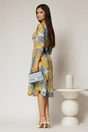 Rochie midi galben mustar cu imprimeu floral bleu, 2, dyfashion.ro