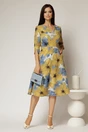 Rochie midi galben mustar cu imprimeu floral bleu, 3, dyfashion.ro