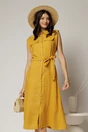 Rochie midi galben mustar din bumbac fara maneci cu cordon in talie, 1, dyfashion.ro
