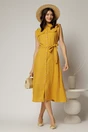 Rochie midi galben mustar din bumbac fara maneci cu cordon in talie, 3, dyfashion.ro