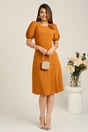 Rochie midi galben mustar din crep in clini cu floare la bust- Moze, 4, dyfashion.ro