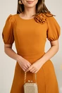 Rochie midi galben mustar din crep in clini cu floare la bust- Moze, 3, dyfashion.ro