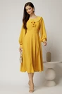 Rochie midi galben mustar din voal plin cu volanase la bust, 3, dyfashion.ro