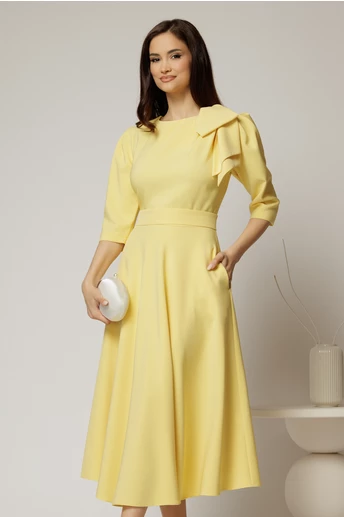 Rochie midi galbena clos cu funda ampla pe umar si cordon detasabil