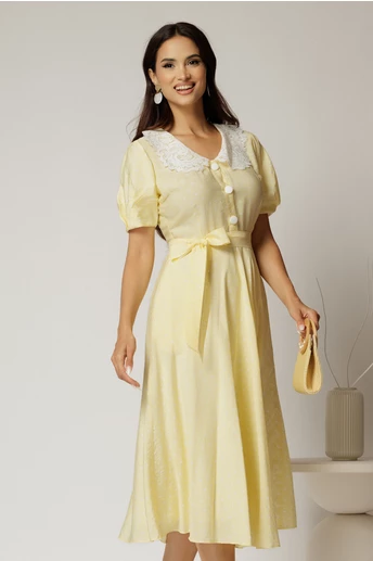 Rochie midi galbena cu buline de zi si guler brodat