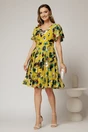 Rochie midi galbena cu imprimeu din voal cu decolteu in V si pliuri pe fusta, 3, dyfashion.ro