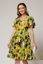 Rochie midi galbena cu imprimeu din voal cu decolteu in V si pliuri pe fusta, 1, dyfashion.ro