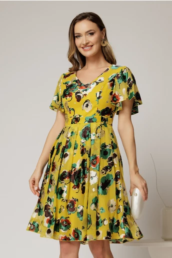 Rochie midi galbena cu imprimeu din voal cu decolteu in V si pliuri pe fusta