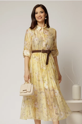 Rochie midi galbena cu imprimeuri din tencel