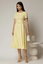 Rochie midi galbena cu maneca scurta si curea in talie cu adaos de viscoza, 3, dyfashion.ro