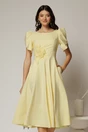 Rochie midi galbena de ocazie cu aplicatie in talie cu margele si maneci decupate, 1, dyfashion.ro