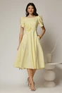 Rochie midi galbena de ocazie cu aplicatie in talie cu margele si maneci decupate, 3, dyfashion.ro